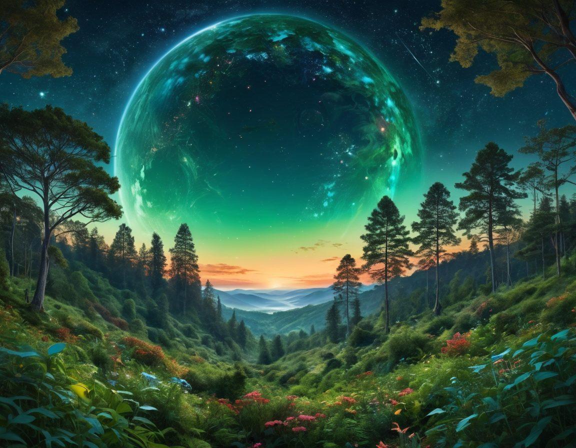 A celestial scene blending the vastness of space with elements of Earth's ecosystem, showcasing planets interconnected by tendrils of green foliage. Include an illustration of a starry sky merging into a flourishing forest below, symbolizing harmony between planetary science and sustainability. Add subtle icons of scientific tools like telescopes and microscopes embedded in the landscape. surreal art. vibrant colors. cosmic elements.