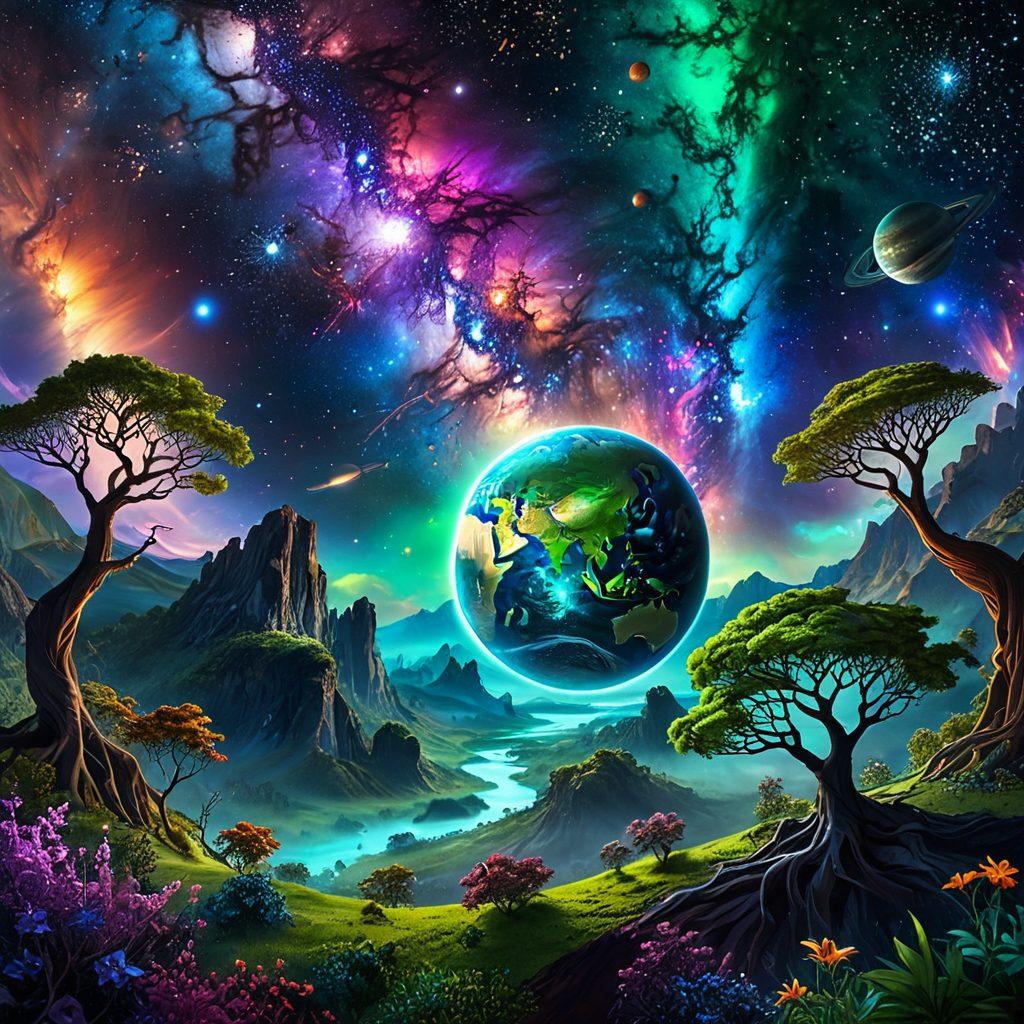 A stunning visual of a vibrant galaxy with planets interconnected by luminous threads symbolizing connections between space exploration and Earth. The foreground features a lush green Earth, with diverse ecosystems highlighted, merging into a cosmic backdrop filled with shining stars and colorful nebulae. The scene embodies harmony between technology and nature. surrealism. vibrant colors. 3D.