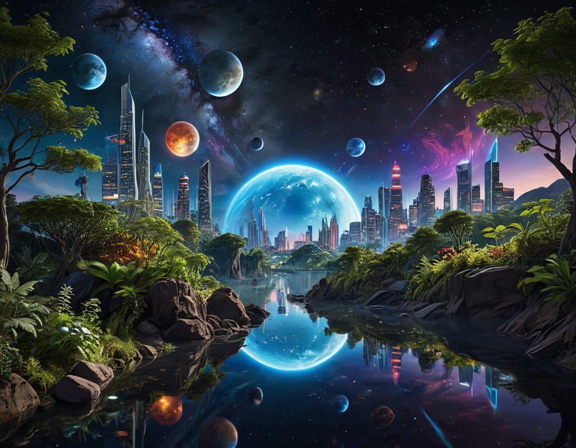 A breathtaking view of a vibrant cosmic landscape, featuring planets and asteroids in vivid colors, overlaid with scientific diagrams illustrating planetary science concepts. In the foreground, a futuristic city utilizing sustainable technology, harmoniously blending with nature, emerges under a starry sky. Include subtle hints of Earth-like environments reflecting sustainability. super-realistic. vibrant colors. cosmic theme.